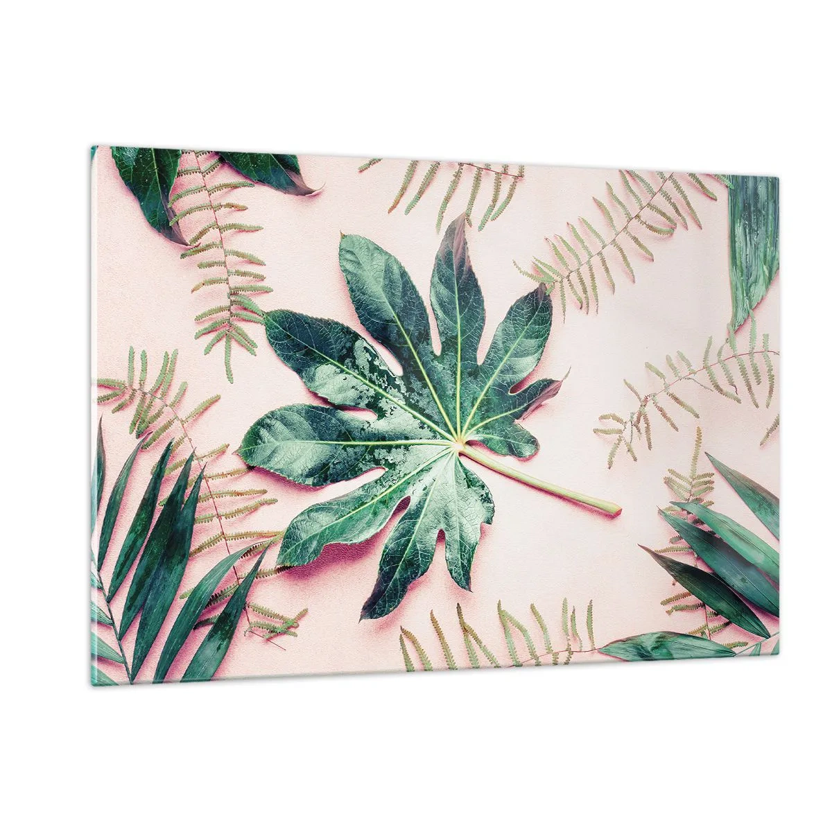 Cuadro sobre vidrio - Impresiones sobre Vidrio - Hojas tropicales sobre un fondo pastel. - 120x80cm - Estudio de vegetación sobre fondo rosa - Decoración de pared moderna para salón y dormitorio ARTTOR