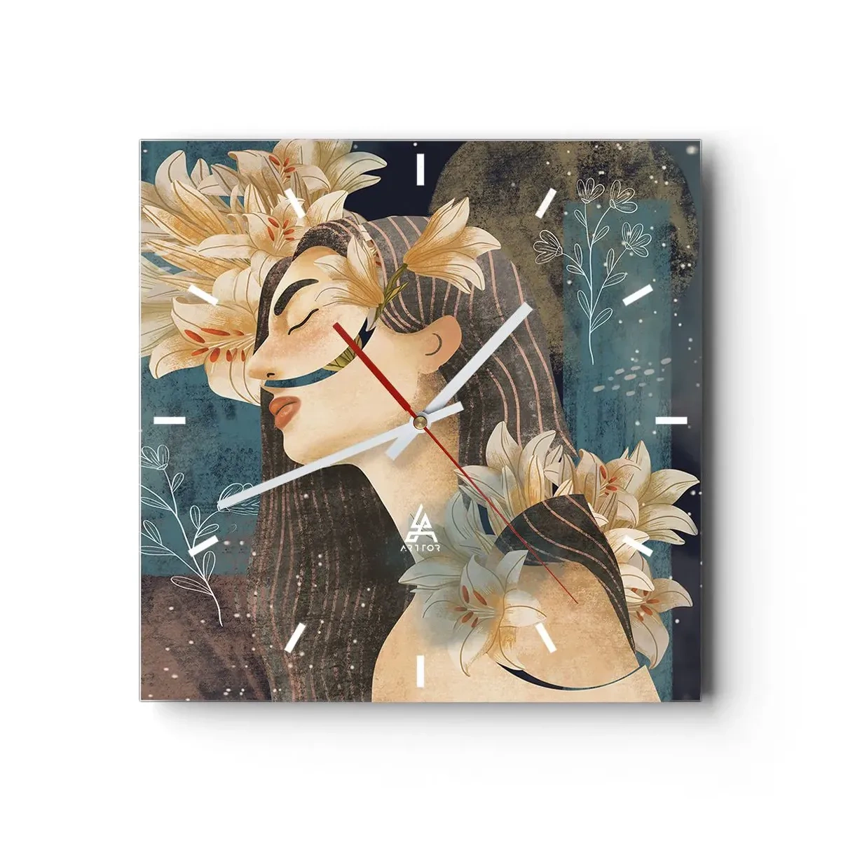 Reloj de pared - Reloj de vidrio - Retrato de una mujer con flores en estilo artístico sobre un fondo oscuro. - 30x30cm - Cuento de princesa con lirios - Decoración de pared moderna para salón y dormitorio ARTTOR