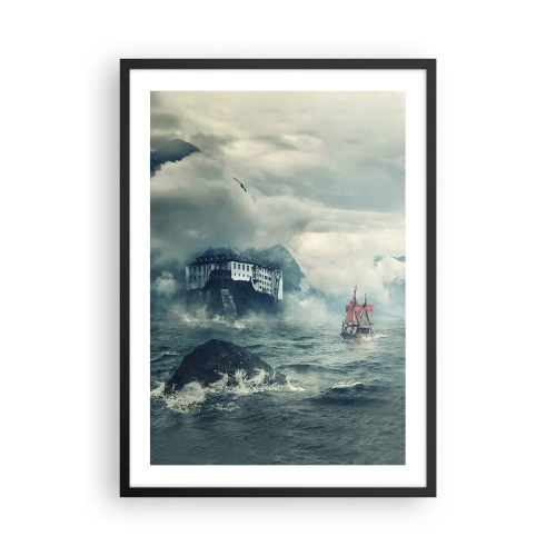 Póster en marco negro - Un barco en un mar tempestuoso cerca de un castillo en la niebla. - 50x70cm - En aguas mágicas - Decoración de pared moderna para salón y dormitorio ARTTOR