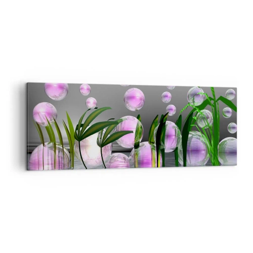 Cuadro sobre lienzo - Impresión de Imagen - Hojas verdes y burbujas rosadas sobre el agua sobre un fondo gris. - 140x50cm - Composición reflexiva de ligereza y vida - Decoración de pared moderna para salón y dormitorio ARTTOR