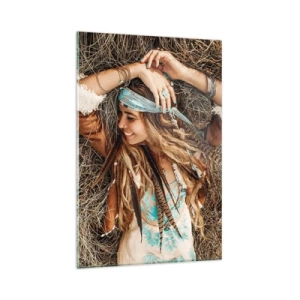 Cuadro sobre vidrio - Impresiones sobre Vidrio - Mujer de estilo boho tumbada sobre el heno - 80x120cm - El verano del amor - Decoración de pared moderna para salón y dormitorio ARTTOR