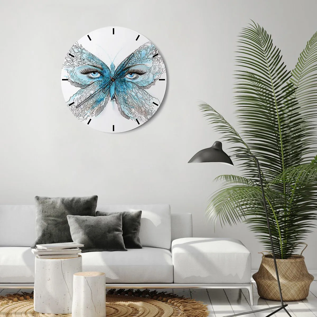 Reloj de pared - Reloj de vidrio - Mariposa azul con detalle de ojo y delicado patrón artístico. - 30x30cm - Mirada de mariposa - Decoración de pared moderna para salón, cocina y dormitorio ARTTOR