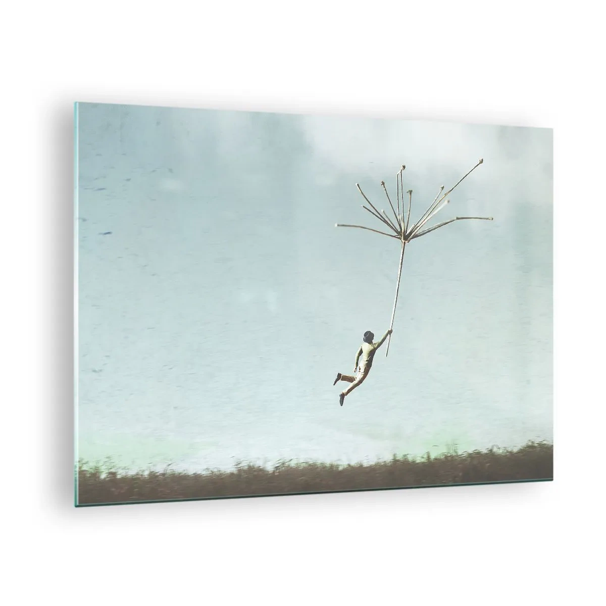 Cuadro sobre vidrio - Impresiones sobre Vidrio - Un niño volando con una semilla de diente de león sobre un prado. - 70x50cm - Bailando con la brisa - Decoración de pared moderna para salón y dormitorio ARTTOR