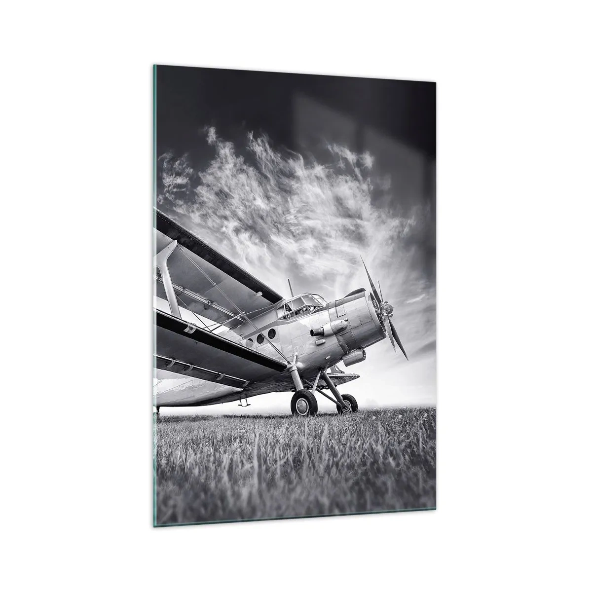 Cuadro sobre vidrio - Impresiones sobre Vidrio - Un avión contra un cielo dramático en blanco y negro. - 70x100cm - El vagamundo alado - Decoración de pared moderna para salón y dormitorio ARTTOR