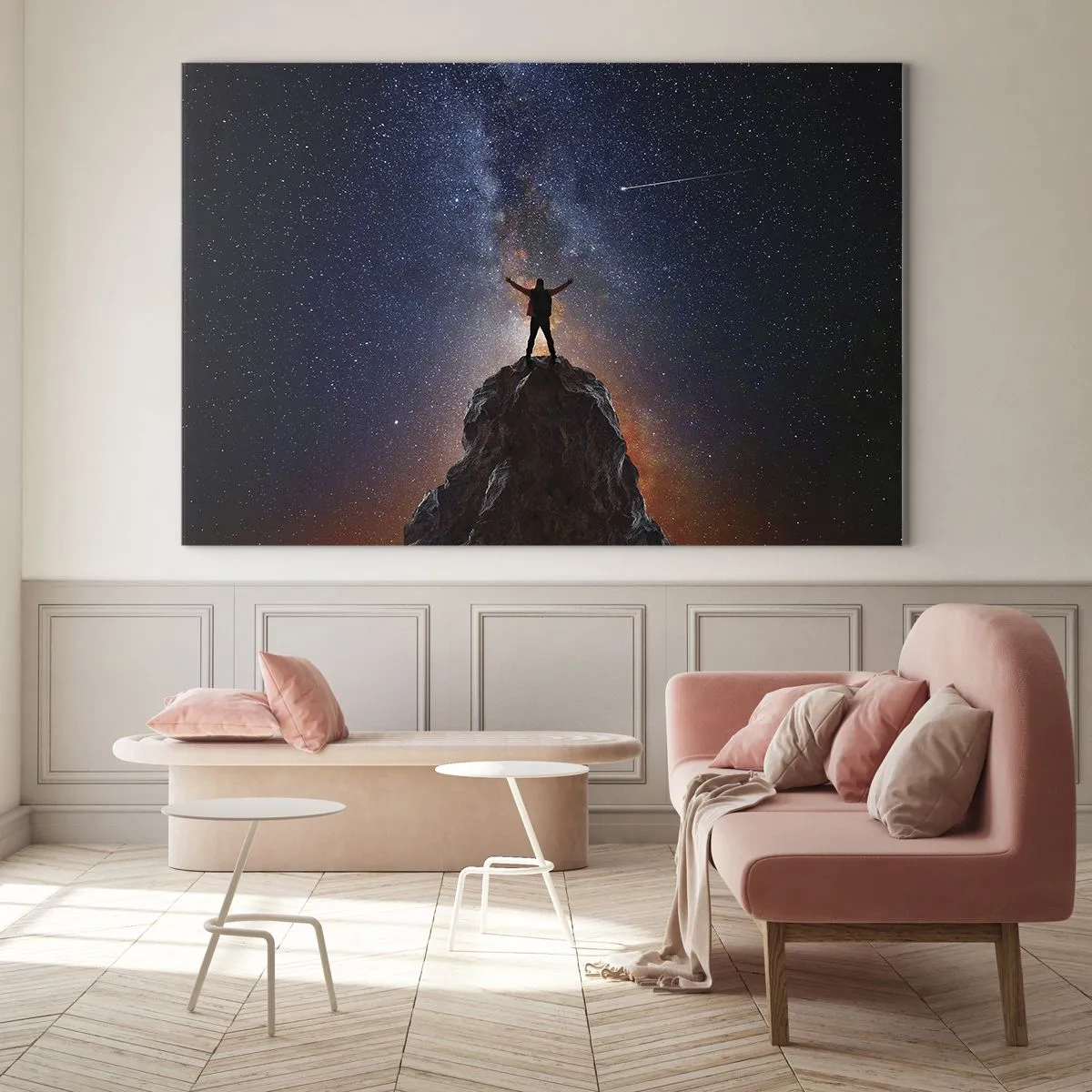 Cuadro sobre vidrio - Impresiones sobre Vidrio - Silueta de un hombre en la cima de una roca bajo un cielo estrellado - 70x50cm - ¡El poder está conmigo! - Decoración de pared moderna para salón y dormitorio ARTTOR