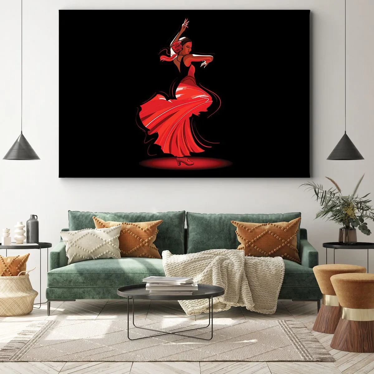 Cuadro sobre lienzo - Impresión de Imagen - Bailaora de flamenco con vestido rojo sobre fondo negro - 70x50cm - El espíritu ardiente del flamenco - Decoración de pared moderna para salón y dormitorio ARTTOR