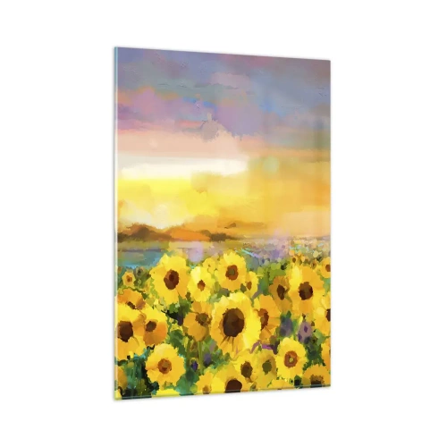 Cuadro sobre vidrio - Impresiones sobre Vidrio - Un campo de girasoles a la luz del sol poniente. - 80x120cm - El propio sol ha bajado a la Tierra - Decoración de pared moderna para salón y dormitorio ARTTOR