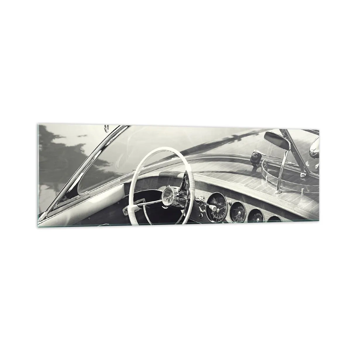Cuadro sobre vidrio - Impresiones sobre Vidrio - Interior de coche clásico en estilo monocromático. - 160x50cm - Tiempo para los ricos - Decoración de pared moderna para salón y dormitorio ARTTOR