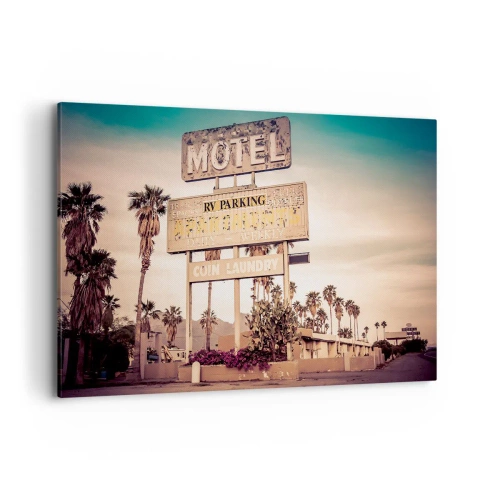 Cuadro sobre lienzo - Impresión de Imagen - Letrero de motel retro rodeado de palmeras - 120x80cm - El tiempo se detuvo - Decoración de pared moderna para salón y dormitorio ARTTOR