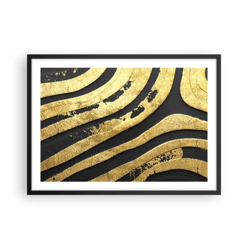 Póster en marco negro - Ondas abstractas doradas sobre un fondo negro - 70x50cm - Todo fluye - Decoración de pared moderna para salón y dormitorio ARTTOR