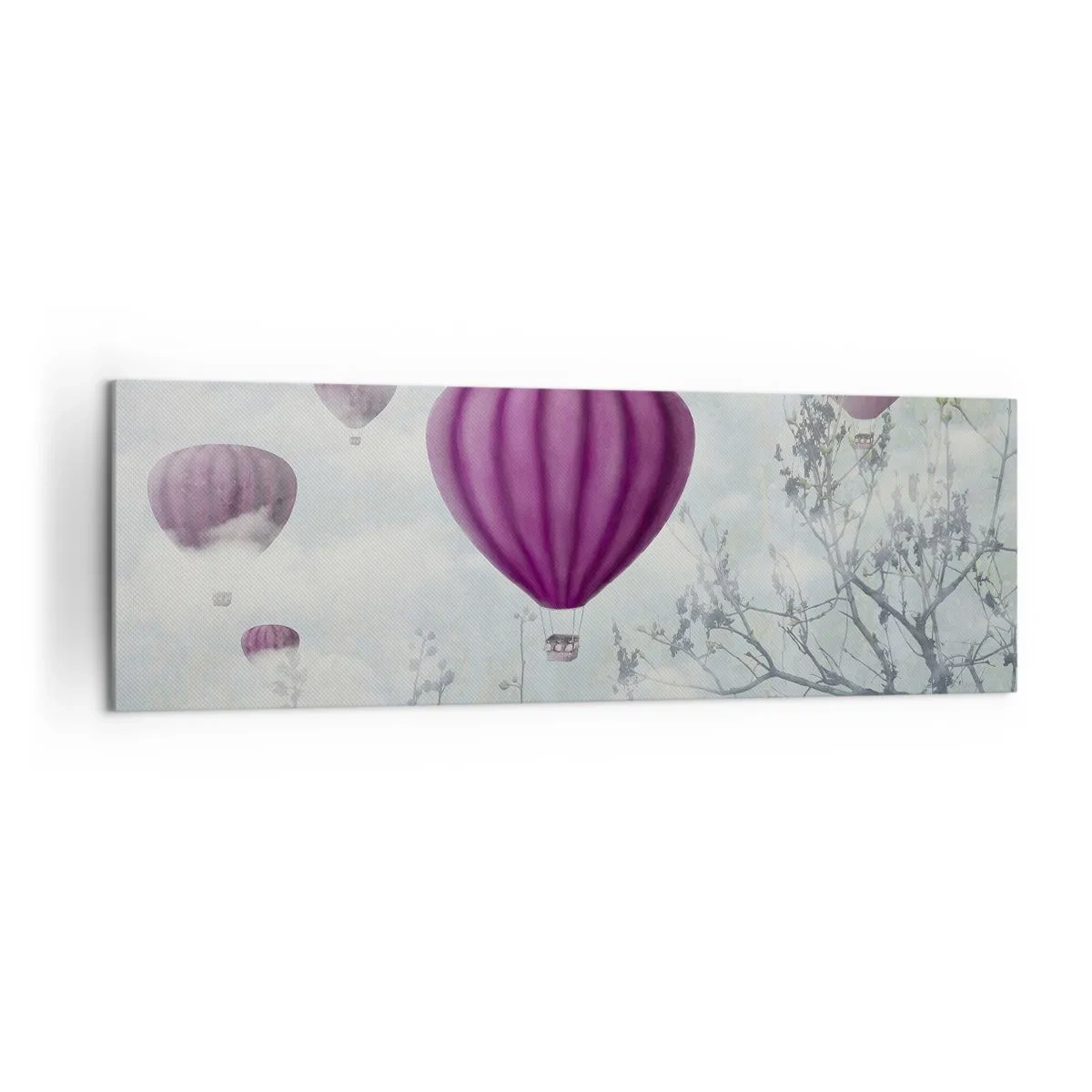 Cuadro sobre lienzo - Impresión de Imagen - Globos morados flotando sobre los árboles en las nubes. - 160x50cm - Surcando los cielos - Decoración de pared moderna para salón y dormitorio ARTTOR