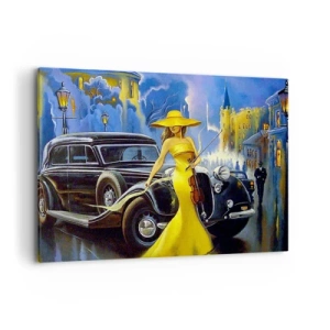 Cuadro sobre lienzo - Impresión de Imagen - Una mujer con un vestido amarillo con un violín junto a un coche retro. - 100x70cm - Noche de violín y pasión - Decoración de pared moderna para salón y dormitorio ARTTOR