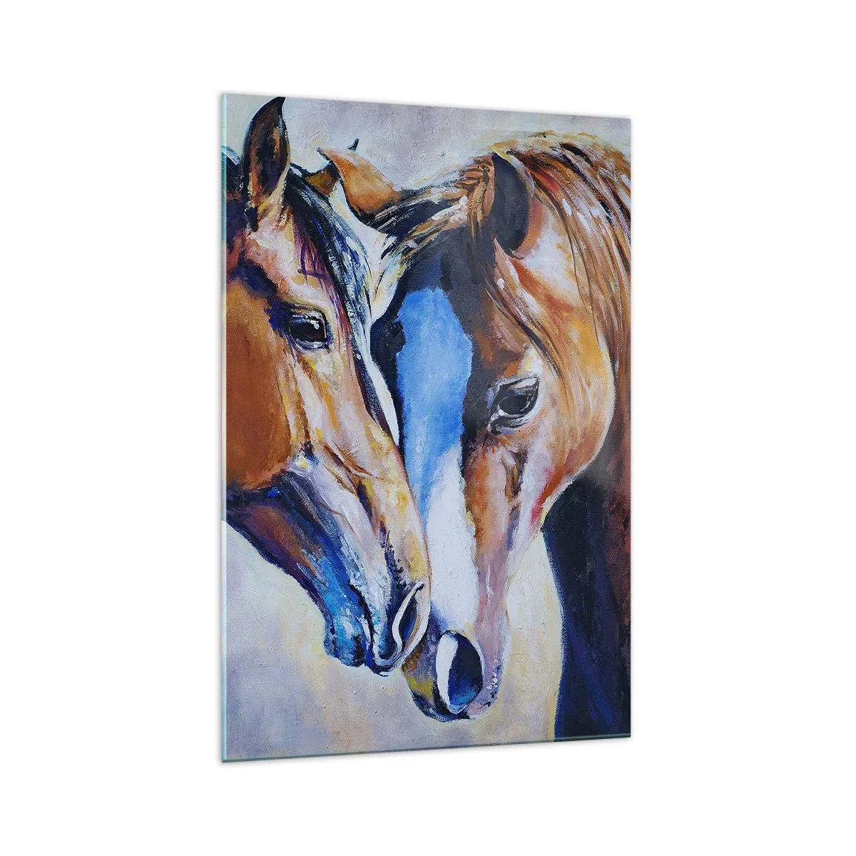 Cuadro sobre vidrio - Impresiones sobre Vidrio - Una representación pictórica de dos caballos en un entorno amigable. - 70x100cm - ¿Esto es amistad? ¿Es amor? - Decoración de pared moderna para salón y dormitorio ARTTOR