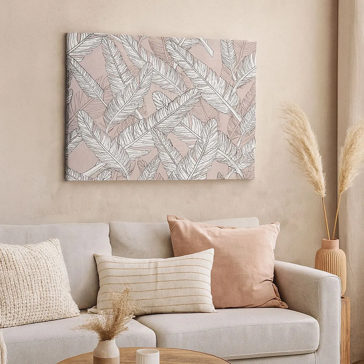 Cuadro sobre lienzo - Impresión de Imagen - Patrón en blanco y negro con hojas de plátano sobre un fondo claro. - 70x50cm - Turbulencias de plumas - Decoración de pared moderna para salón y dormitorio ARTTOR