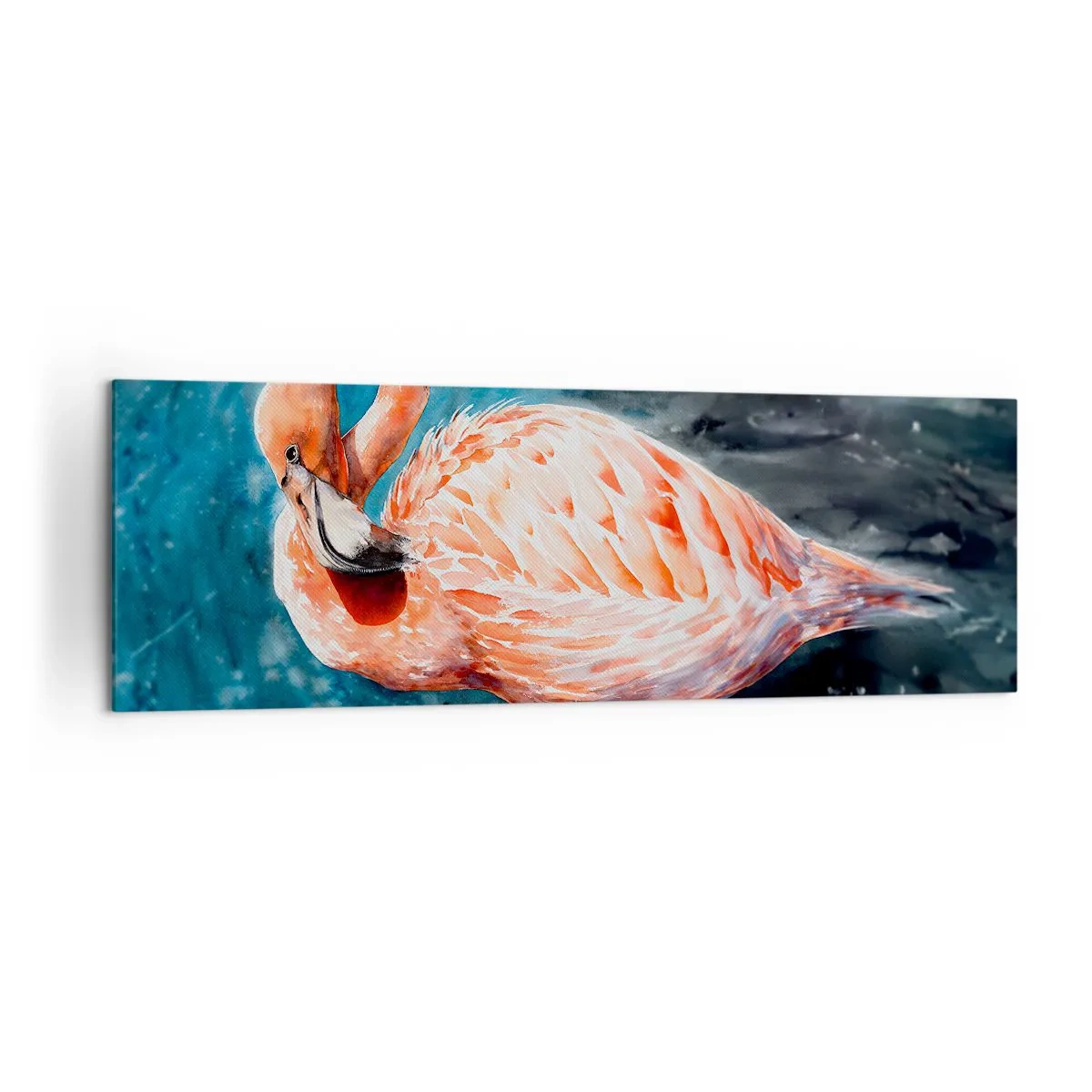 Cuadro sobre lienzo - Impresión de Imagen - Un flamenco rosa sobre un fondo azul de acuarela. - 160x50cm - Decorativo por naturaleza - Decoración de pared moderna para salón y dormitorio ARTTOR