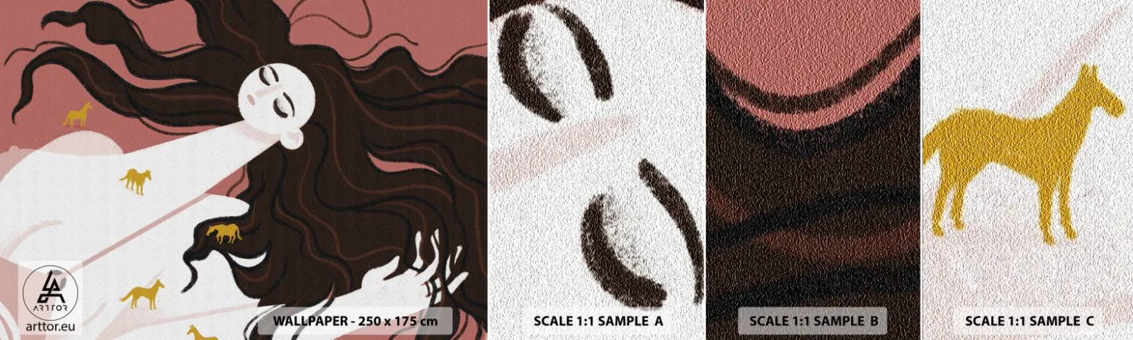 Muestra De Fotomural Standard Eco - Sueño de caballos dorados - Mujer, Retrato, Minimalismo - 100x30 cm