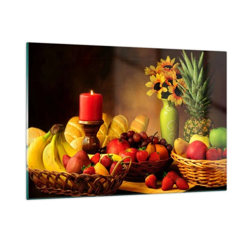 Cuadro sobre vidrio - Impresiones sobre Vidrio - Una composición de fruta, pan y una vela en estilo rústico. - 120x80cm - Bodegón con pan y fruta - Decoración de pared moderna para salón y dormitorio ARTTOR