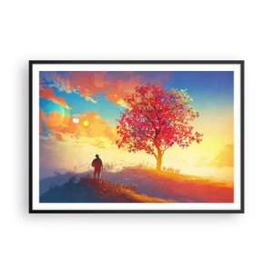 Póster en marco negro - Una figura en una colina junto a un árbol colorido a la luz del sol poniente. - 100x70cm - Un peregrino en su destino - Decoración de pared moderna para salón y dormitorio ARTTOR