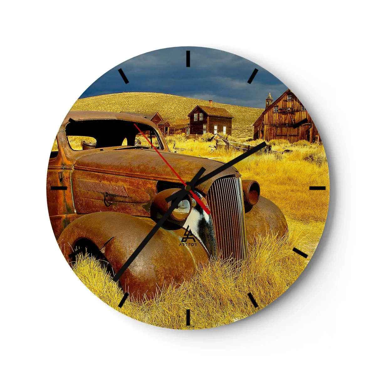 Reloj de pared - Reloj de vidrio - Un viejo coche oxidado con el telón de fondo de un pueblo abandonado. - 30x30cm - Un merecido descanso - Decoración de pared moderna para salón, cocina y dormitorio ARTTOR