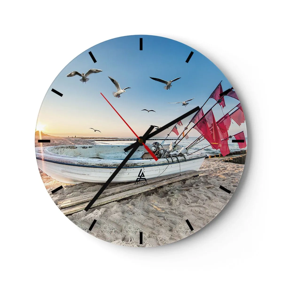 Reloj de pared - Reloj de vidrio - Barco de pesca en la playa al atardecer con gaviotas volando - 30x30cm - Un merecido descanso - Decoración de pared moderna para salón, cocina y dormitorio ARTTOR