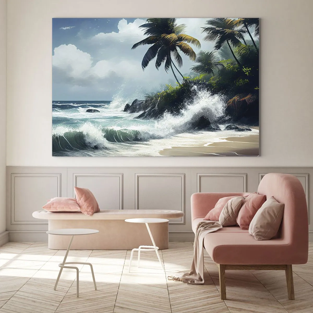 Cuadro sobre vidrio - Impresiones sobre Vidrio - Olas rompiendo contra las rocas junto a las palmeras en una playa tropical - 100x70cm - En una costa tropical - Decoración de pared moderna para salón y dormitorio ARTTOR