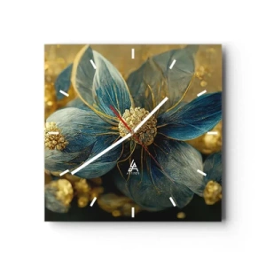 Reloj de pared - Reloj de vidrio - Elegantes flores en tonos azules y dorados. - 30x30cm - Flor de oro - Decoración de pared moderna para salón y dormitorio ARTTOR
