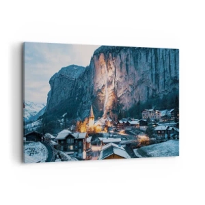 Cuadro sobre lienzo - Impresión de Imagen - Un pintoresco pueblo invernal rodeado de montañas. - 100x70cm - El espíritu luminoso del invierno - Decoración de pared moderna para salón y dormitorio ARTTOR