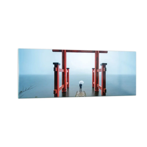 Cuadro sobre vidrio - Impresiones sobre Vidrio - Una puerta torii con vistas a un lago tranquilo en Japón - 140x50cm - Ensueño japonés - Decoración de pared moderna para salón y dormitorio ARTTOR