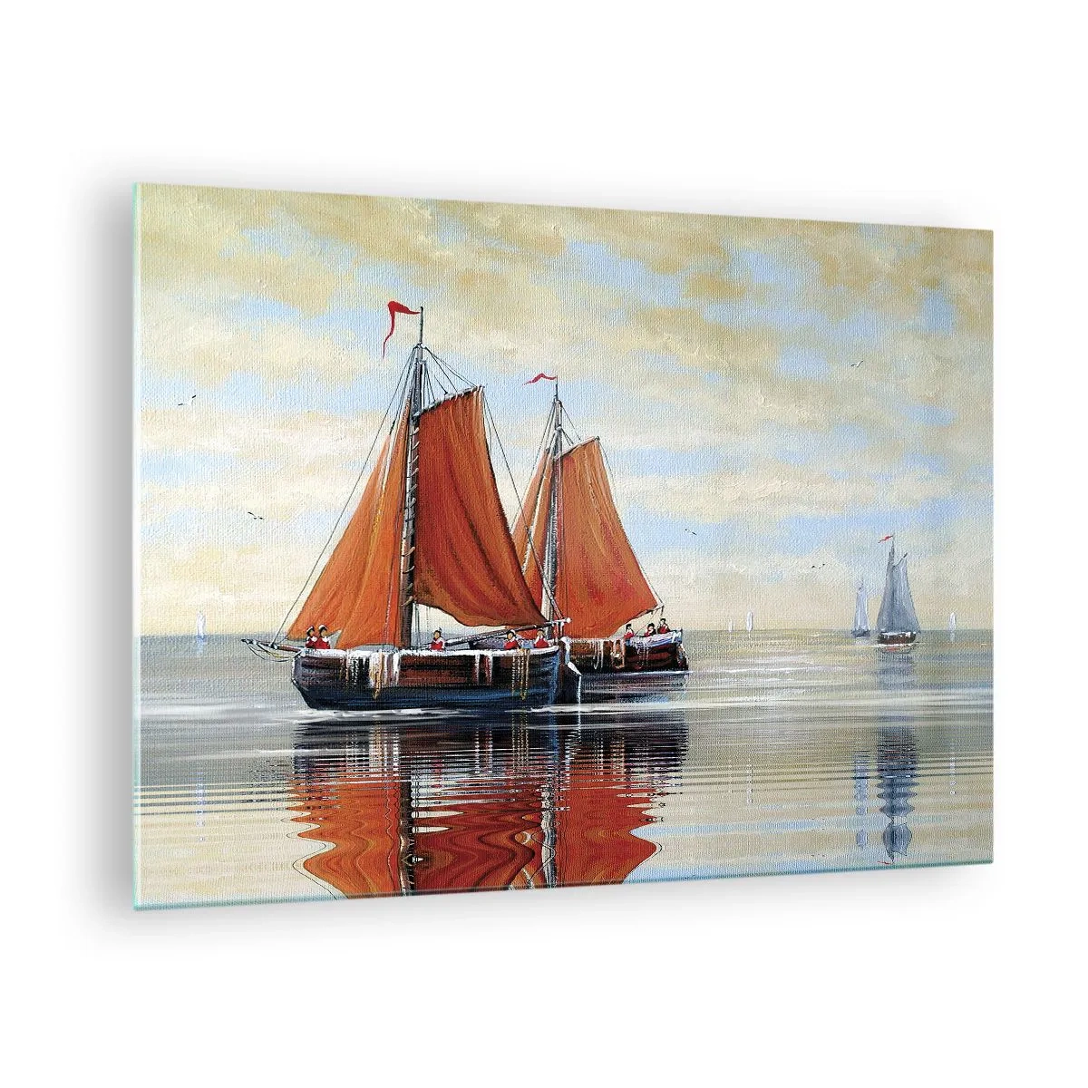 Cuadro sobre vidrio - Impresiones sobre Vidrio - Barcos de vela en un mar tranquilo al atardecer - 70x50cm - Navega, marinero.... - Decoración de pared moderna para salón y dormitorio ARTTOR