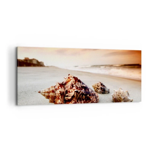 Cuadro sobre lienzo - Impresión de Imagen - Conchas en la playa al atardecer - 120x50cm - Los exiliados de las olas - Decoración de pared moderna para salón y dormitorio ARTTOR