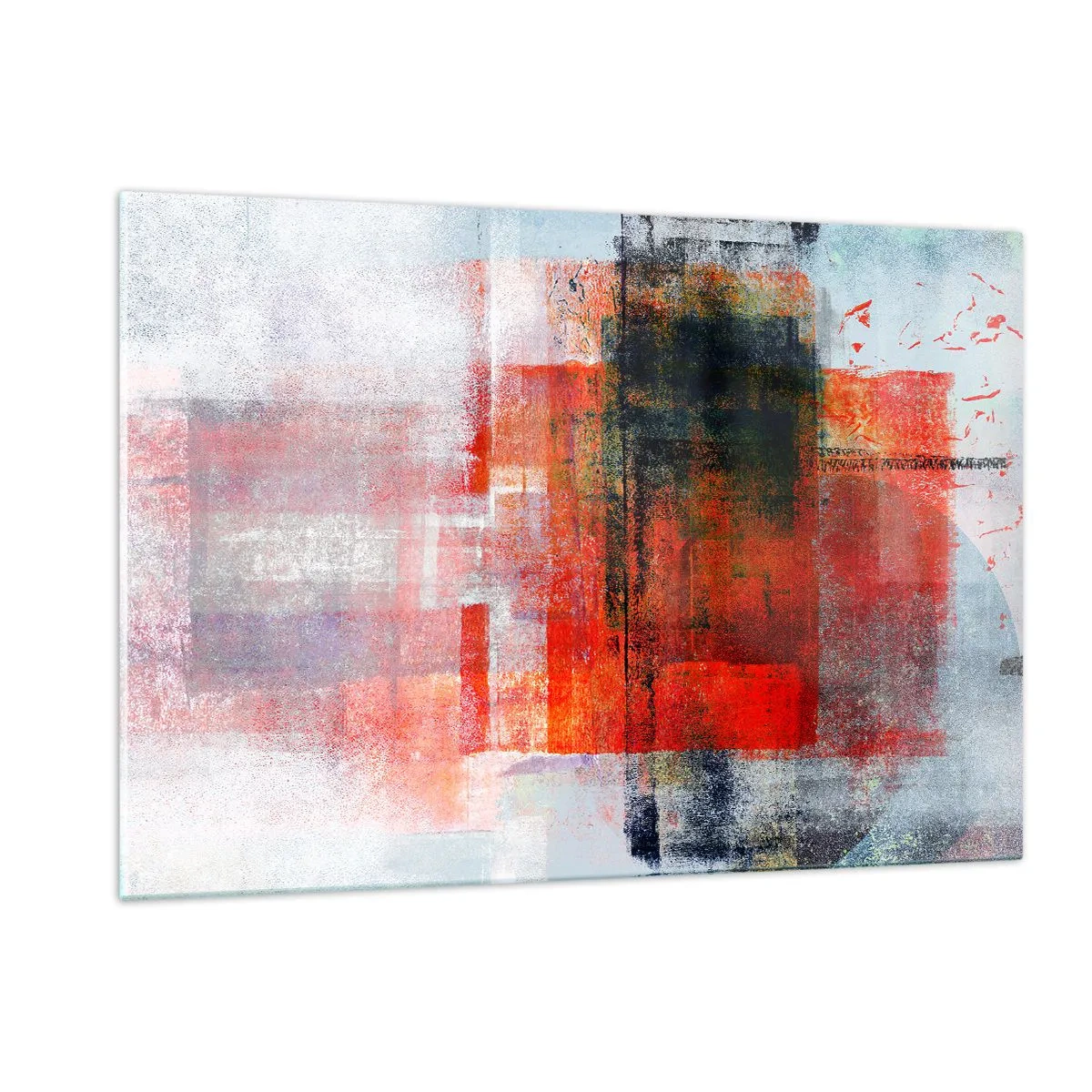Cuadro sobre vidrio - Impresiones sobre Vidrio - Abstracción geométrica en tonos intensos de rojo y negro. - 120x80cm - Composición brillante - Decoración de pared moderna para salón y dormitorio ARTTOR