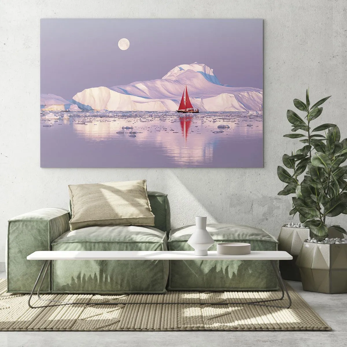 Cuadro sobre vidrio - Impresiones sobre Vidrio - Un velero con los glaciares como telón de fondo a la luz de la luna. - 120x80cm - El calor de la vela, el frío del hielo - Decoración de pared moderna para salón y dormitorio ARTTOR