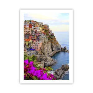 Póster - Vista de edificios coloridos en un acantilado sobre el mar. - 50x70cm - La ciudad de la risa - Decoración de pared moderna para salón y dormitorio ARTTOR