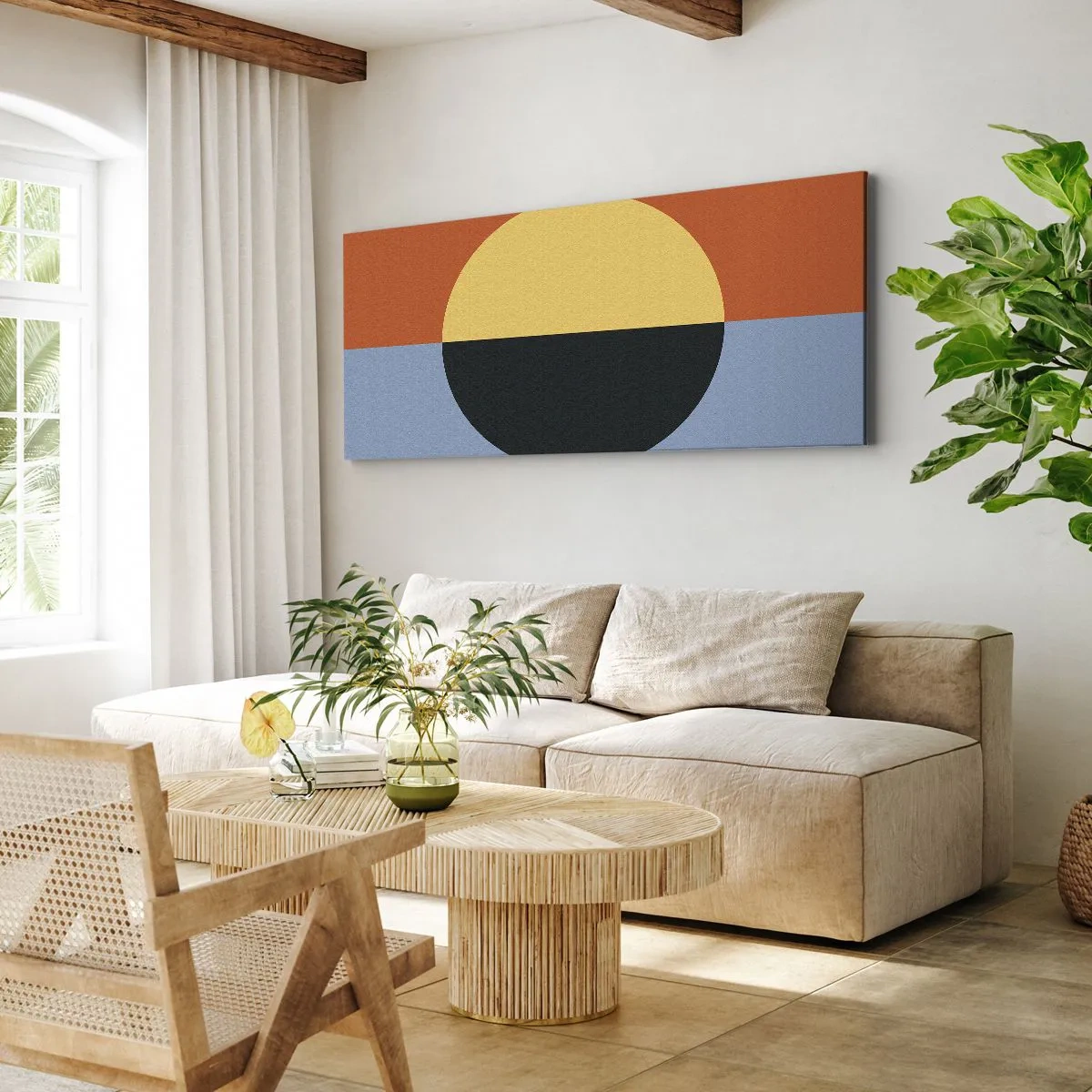 Cuadro sobre lienzo - Impresión de Imagen - Abstracción geométrica con colores contrastantes. - 120x50cm - Una composición de calidez y frescura - Decoración de pared moderna para salón y dormitorio ARTTOR