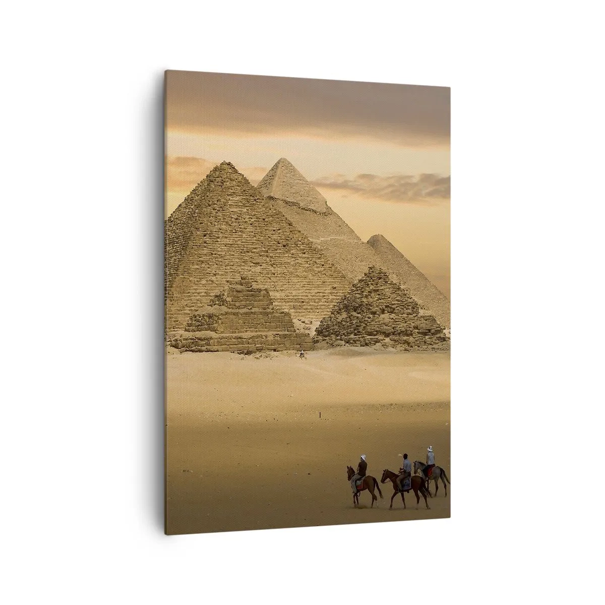 Cuadro sobre lienzo - Impresión de Imagen - Pirámides de Egipto al atardecer con jinetes a caballo - 70x100cm - Sin cambios desde hace miles de años - Decoración de pared moderna para salón y dormitorio ARTTOR