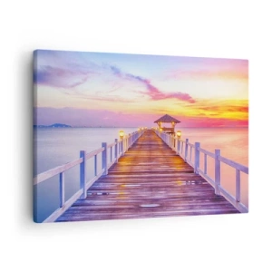 Cuadro sobre lienzo - Impresión de Imagen - Un muelle sobre el agua al atardecer en colores pastel. - 70x50cm - El silencio lila-dorado de la tarde - Decoración de pared moderna para salón y dormitorio ARTTOR