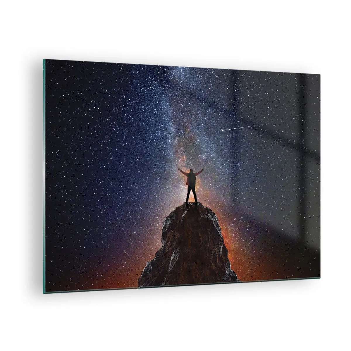 Cuadro sobre vidrio - Impresiones sobre Vidrio - Silueta de un hombre en la cima de una roca bajo un cielo estrellado - 70x50cm - ¡El poder está conmigo! - Decoración de pared moderna para salón y dormitorio ARTTOR