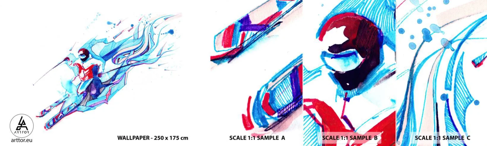 Muestra de fotomural autoadhesivo Deluxe Sticker - Loca carrera de alegría - Abstracción, Esquís, Esquiador - 100x30 cm