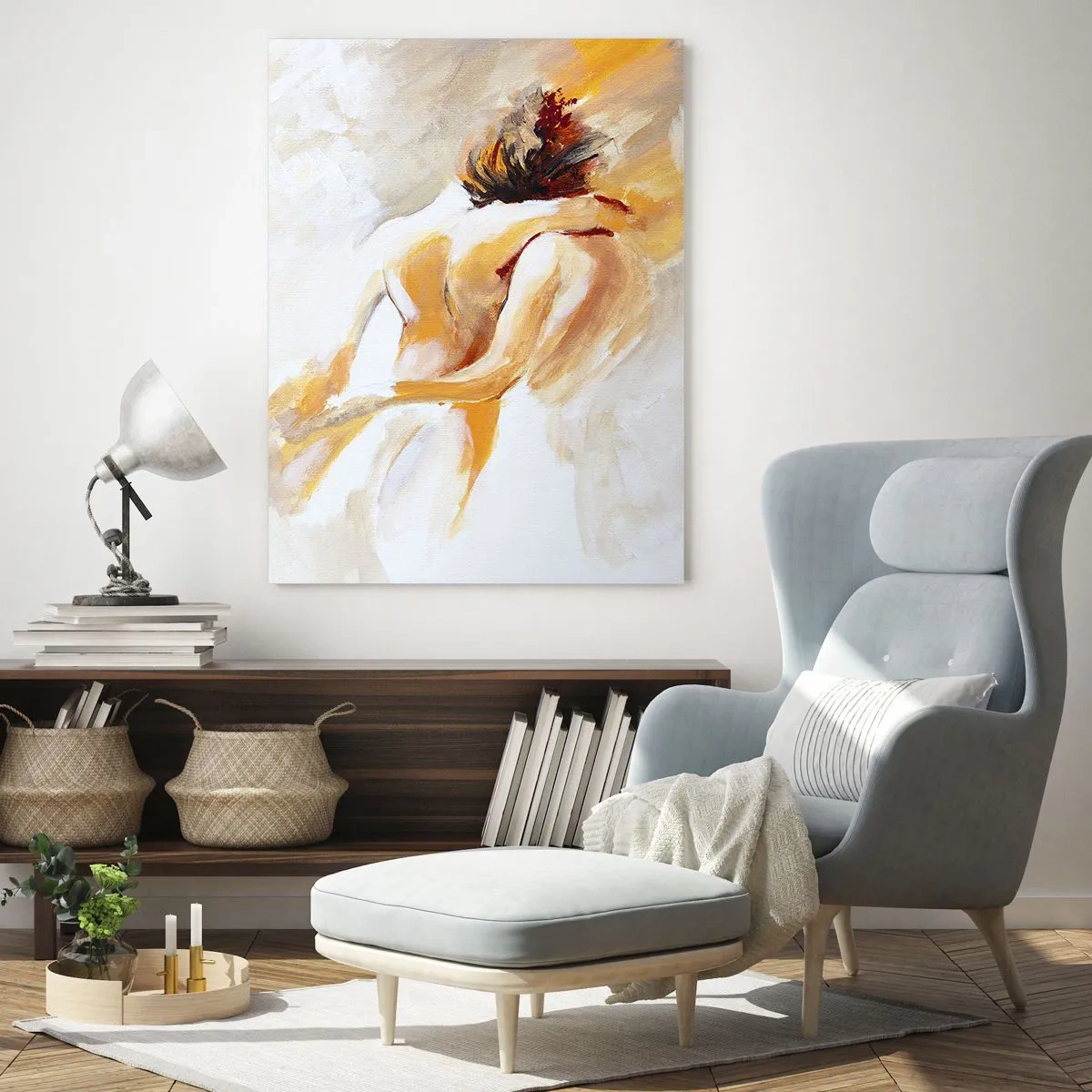 Cuadro sobre vidrio - Impresiones sobre Vidrio - Escena abstracta de un abrazo romántico. - 80x120cm - En un cielo de cercanía - Decoración de pared moderna para salón y dormitorio ARTTOR