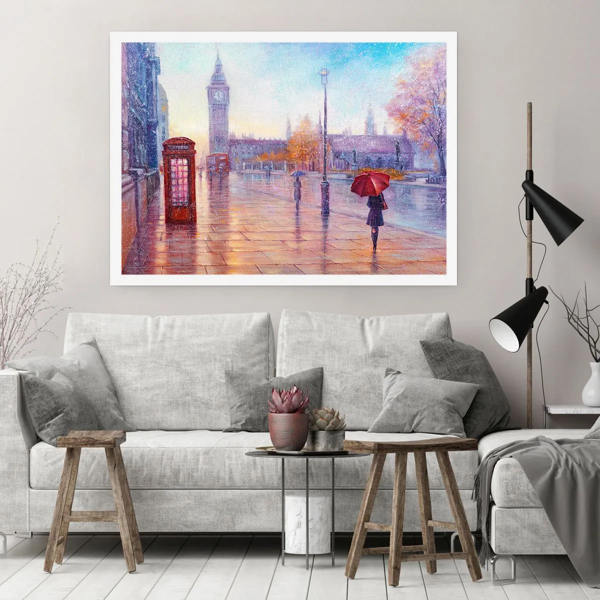 Póster - Calle de Londres con el Big Ben en un día lluvioso - 100x70cm - Un día de otoño en Londres - Decoración de pared moderna para salón y dormitorio ARTTOR