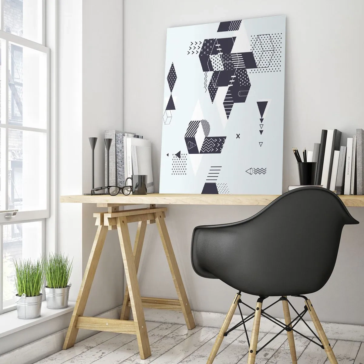 Cuadro sobre vidrio - Impresiones sobre Vidrio - Composición geométrica abstracta en blanco y negro sobre un fondo claro. - 50x70cm - Las matemáticas en el alma - Decoración de pared moderna para salón y dormitorio ARTTOR