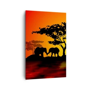 Cuadro sobre lienzo - Impresión de Imagen - Atardecer africano con siluetas de elefantes y jirafas sobre el agua - 80x120cm - Reunión en la sabana - Decoración de pared moderna para salón y dormitorio ARTTOR