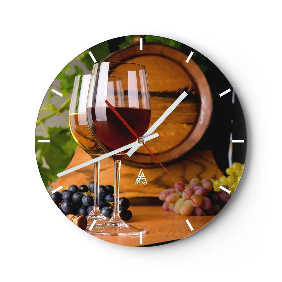 Reloj de pared - Reloj de vidrio - Copas de vino con un barril y uvas como fondo - 30x30cm - Como los antiguos maestros - Decoración de pared moderna para salón, cocina y dormitorio ARTTOR