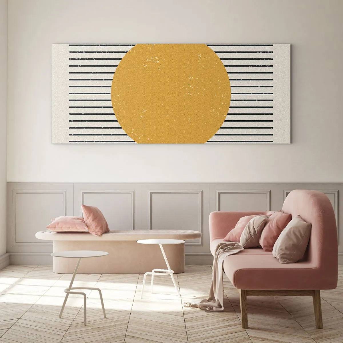Cuadro sobre vidrio - Impresiones sobre Vidrio - Un círculo amarillo sobre un fondo de líneas horizontales blancas y negras. - 140x50cm - El poder de la sencillez - Decoración de pared moderna para salón y dormitorio ARTTOR