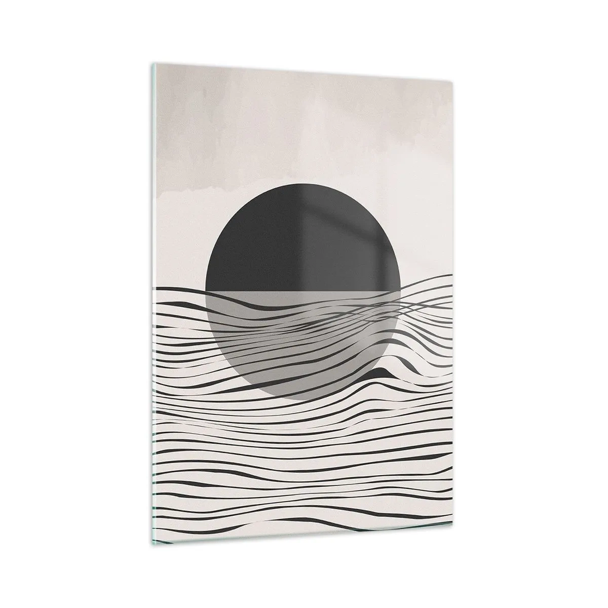 Cuadro sobre vidrio - Impresiones sobre Vidrio - Ondas negras y un círculo sobre un fondo beige - 50x70cm - Media composición - Decoración de pared moderna para salón y dormitorio ARTTOR