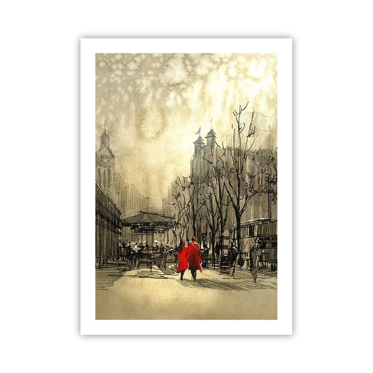 Póster - Una figura con un abrigo rojo sobre el fondo de una ciudad invernal. - 50x70cm - Cita en la niebla de Londres - Decoración de pared moderna para salón y dormitorio ARTTOR