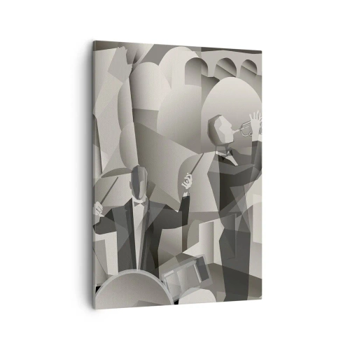 Cuadro sobre lienzo - Impresión de Imagen - Escena abstracta con músicos de jazz en tonos de gris. - 50x70cm - En el espacio de los sonidos - Decoración de pared moderna para salón y dormitorio ARTTOR