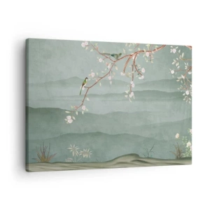Cuadro sobre lienzo - Impresión de Imagen - Una imagen pintoresca de la rama de un árbol en flor con pájaros sobre un fondo de colinas verdes. - 70x50cm - Primavera, ah, eres tú - Decoración de pared moderna para salón y dormitorio ARTTOR