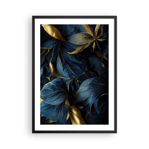 Póster en marco negro - Hojas doradas sobre un fondo azul marino intenso - 50x70cm - Forradas de oro - Decoración de pared moderna para salón y dormitorio ARTTOR