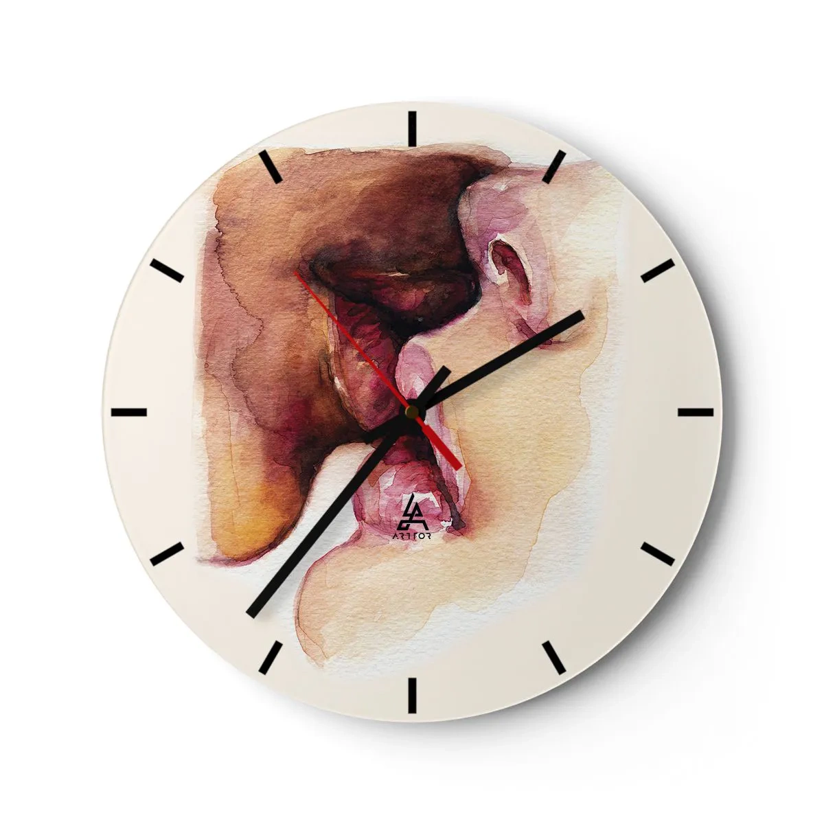 Reloj de pared - Reloj de vidrio - Un beso de dos caras en estilo acuarela. - 30x30cm - Como la noche y el día, la tierra y el cielo - Decoración de pared moderna para salón, cocina y dormitorio ARTTOR